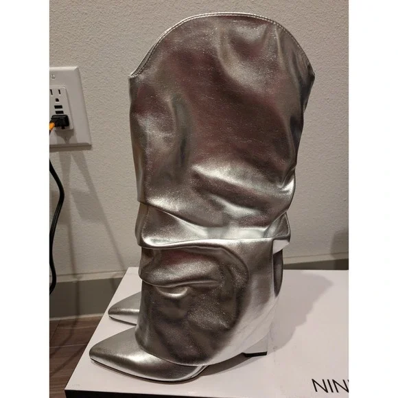 Nine West Women Shoes 8M Amazing Slouchy Point Wedge Heel Boots Silver - Picture 4 of 11